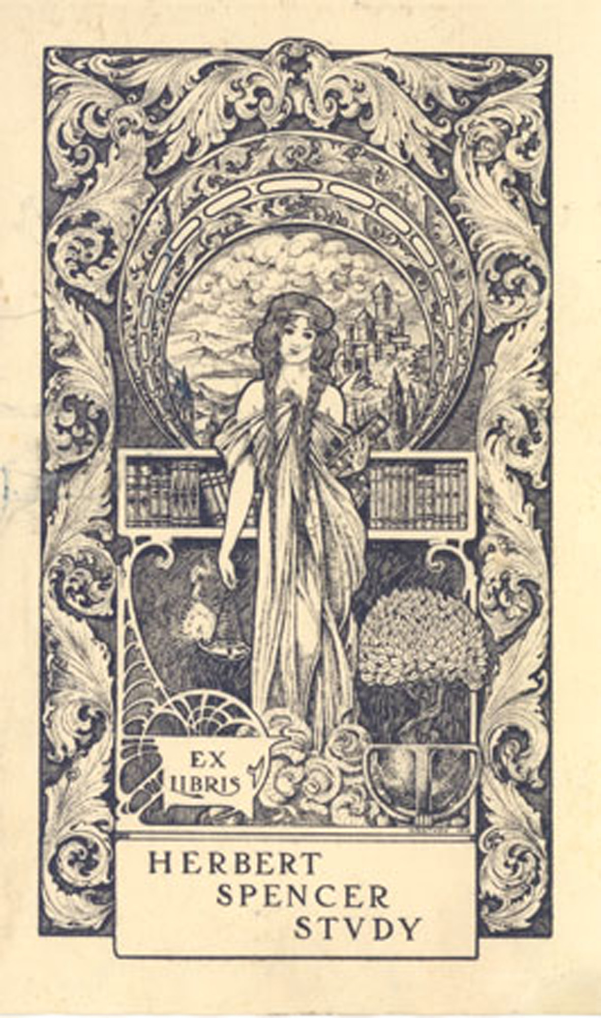 Reminder: No known copyright restrictions. Please credit UBC Library as the image source. For more information see http://digitalcollections.library.ubc.ca/cdm/about. Date: 1910 Notes: Woman is Mnemosyne, personification of memory in Greek mythology, or Vigilanza / Vigilantia wearing a loose gown and with hair tresses. Holding oil-lamp in her left hand, and closed book in her right hand. Flanking the right side of Vigilantia is an olive tree. Behind the torso of Vigilantia is a shelf of books, and behind her head is a landscape with a castle overlooking a lake, surrounded by mountains, and a cloudy sky. Ex Libris part of image. ; Bookplate Type : Pictorial ; Bookplate Function : OwnershipH.S.STVDY 1910 appears in lower-right hand corner above name. ; Personal Source: Original Format: University of British Columbia. Library. Rare Books and Special Collections. Thomas Murray Collection Permanent URL: http://digitalcollections.library.ubc.ca/cdm/ref/collection/bookplate/id/193