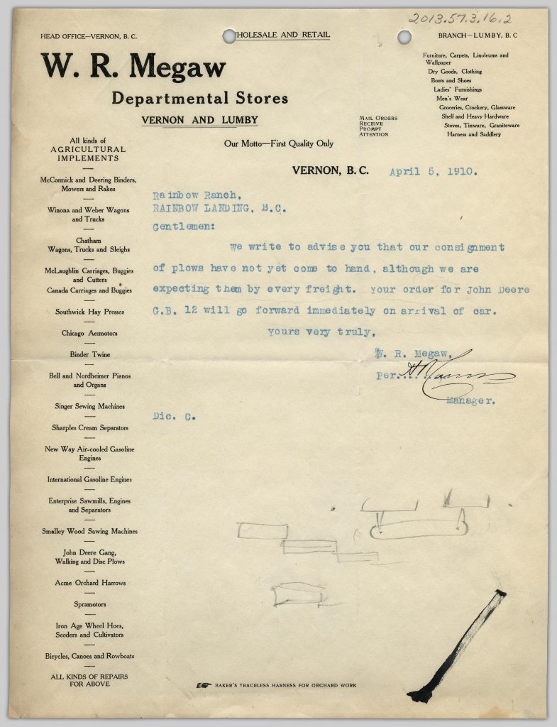 Letter from W. R. Megaw to "Gentlemen" at Rainbow Ranche, April 5, 1910, 1910-04-05