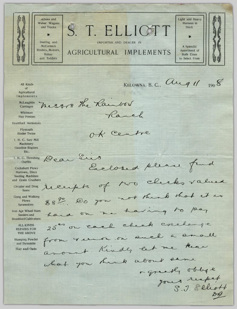 Letter from S.T. Elliott to Rainbow Ranche, August 11, 1908