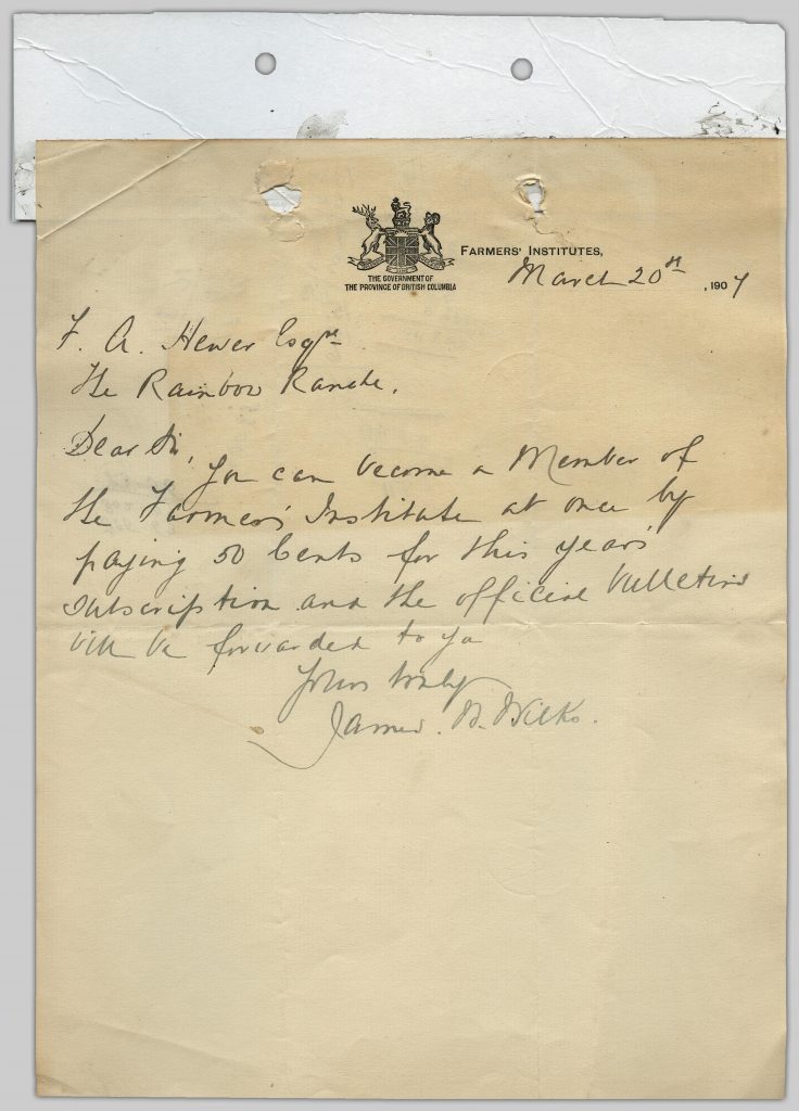 Letter from James A. Hick (Farmers' Institutes) to [Frank] Hewer, March 20, 1909, 1909-03-20